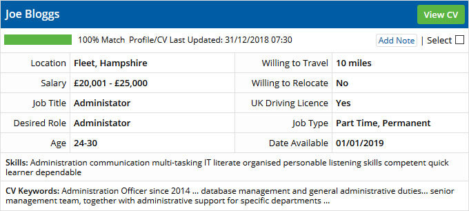 An example of how a CV in the search results